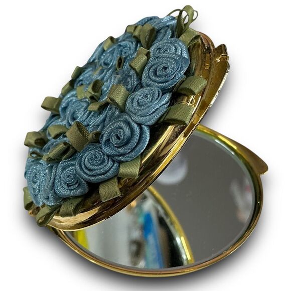 Julie Feldman Vintage Blue Baby Rose Covered Compact Double Mirror Purse Mirror - Picture 1 of 9